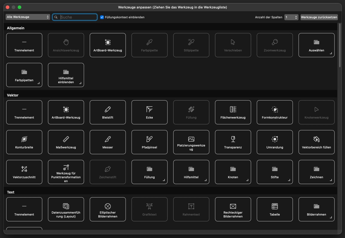 affinity werkzeugleiste